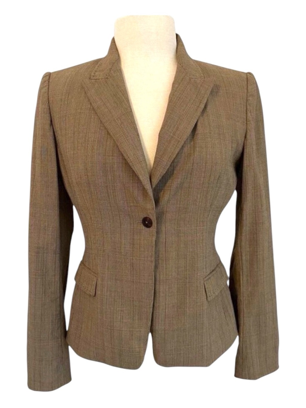 Elie Tahari wool blend tailored blazer brown shepherd’s check neutral tones 10
